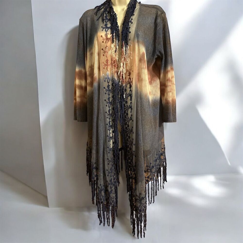 BKE by Buckle Gray Tan Ombré Navy Blue Fringe Open Front Cardigan Boho Sweater - Picture 2 of 10